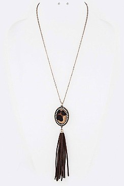 Stylish Calf Leather Pendant Tasseled Long Necklace Set LA-KNE0852