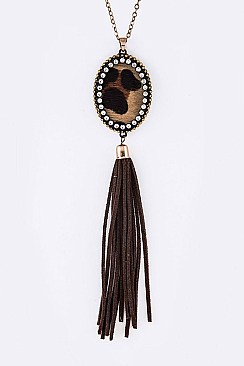 Stylish Calf Leather Pendant Tasseled Long Necklace Set LA-KNE0852