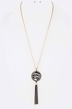 Stylish Round Crystal Calf Leather Pendant Tasseled Long Necklace Set LA-KNE0866