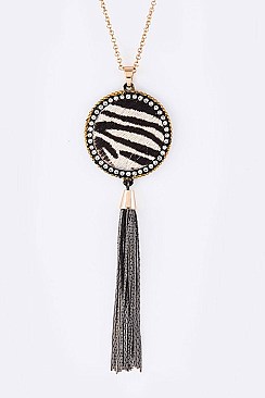 Stylish Round Crystal Calf Leather Pendant Tasseled Long Necklace Set LA-KNE0866