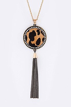 Stylish Round Crystal Calf Leather Pendant Tasseled Long Necklace Set LA-KNE0866