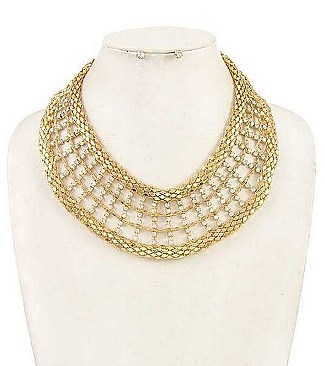 STONES SET MESH CHAIN BIB NECKLACE SET