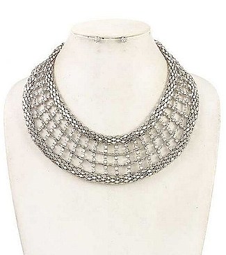 STONES SET MESH CHAIN BIB NECKLACE SET