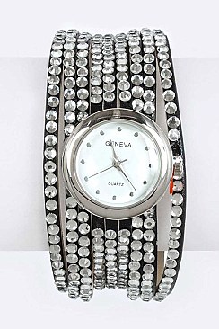 Trendy Crystal Pave Leather Bracelet Watch LA 05-1482