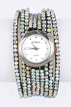 Trendy Crystal Pave Leather Bracelet Watch LA 05-1482