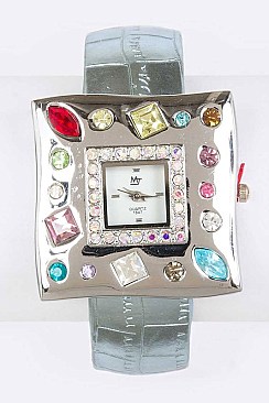Fashionable Metallic Cuff Crystal Square Watch LA 05-BG1230L