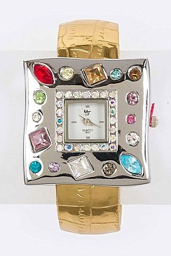 Fashionable Metallic Cuff Crystal Square Watch LA 05-BG1230L