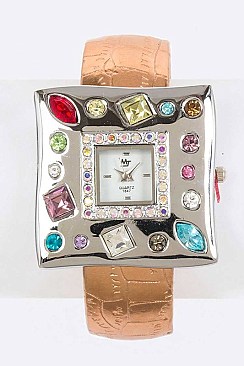 Fashionable Metallic Cuff Crystal Square Watch LA 05-BG1230L
