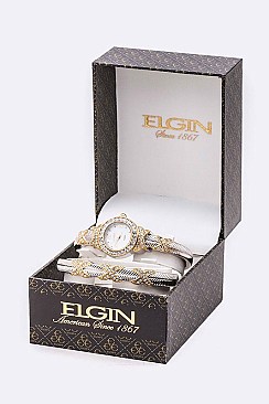 Posh ELGIN 2 Tone Jewelled Bracelet & Bangle Watch Gift Set LAEG9026ST