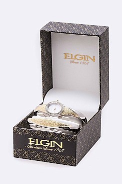 Posh ELGIN 2 Tone Textured Bangle Watch Gift Set LAEG9735ST-A03