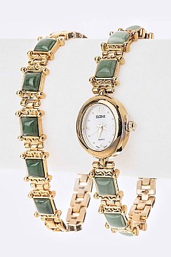 Posh ELGIN Gem Stone Bracelet Watch & Earrings Gift Set LAELT230ST