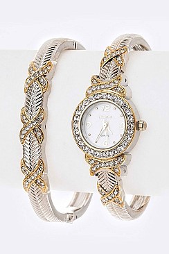 Posh ELGIN 2 Tone Jewelled Bracelet & Bangle Watch Gift Set LAEG9026ST