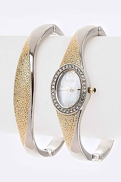 Posh ELGIN 2 Tone Textured Bangle Watch Gift Set LAEG9735ST-A03