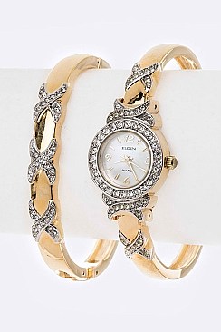 Posh ELGIN 2-Tone Bangle Watch Gift Set LAEG7045ST