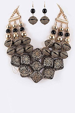 Posh Gold Engraved Beads Statement Necklace Set LACN2044