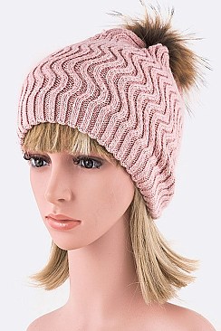 Trendy Racoon Fur Pom Pom Chevron Knit Beanie LA-EMH8578