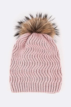 Trendy Racoon Fur Pom Pom Chevron Knit Beanie LA-EMH8578