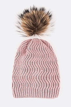 Trendy Racoon Fur Pom Pom Chevron Knit Beanie LA-EMH8578