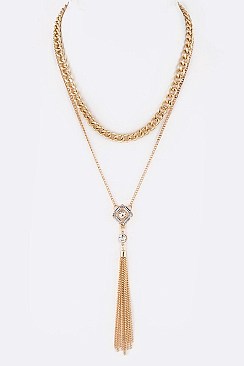 DOUBLE DROP CHAINS CRYSTAL & TASSEL NECKLACE