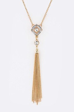 DOUBLE DROP CHAINS CRYSTAL & TASSEL NECKLACE