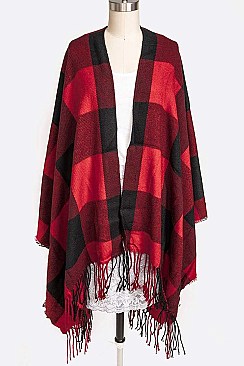 Stylish Plaid Fringe Poncho Scarf