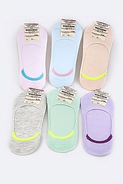Pack of (6 Pieces) Assorted Cotton Non-Slip No-Show Socks LA-BB34-Pastel