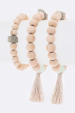 Tassel Accent Golden Nugget Wooden Beads Stretch Bracelet Set