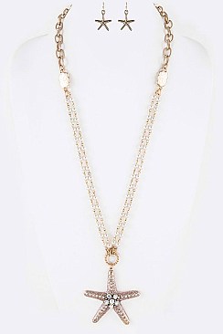 Posh Crystal Starfish Pendant Pearl Station Long Necklace Set LASS0914