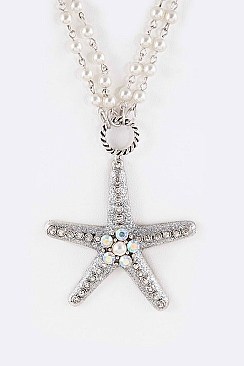 Posh Crystal Starfish Pendant Pearl Station Long Necklace Set LASS0914