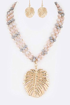 Stylish Mix Beads Palm Leaf Pendant Statement Necklace Set LASS0897