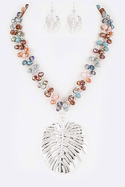 Stylish Mix Beads Palm Leaf Pendant Statement Necklace Set LASS0897