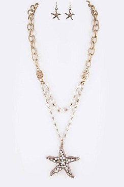 Stylish Pearl & Crystal Starfish Pendant Layered Necklace Set LASS0918