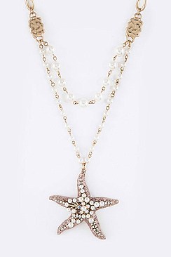 Stylish Pearl & Crystal Starfish Pendant Layered Necklace Set LASS0918
