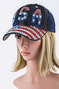 USA Crystal Embelished Fashion Denim Cap