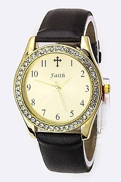 Trendy Stone Bezel Cross Accent Fashion Watch LA 05-1995