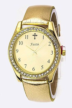 Trendy Stone Bezel Cross Accent Fashion Watch LA 05-1995