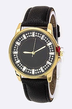Trendy Baguette Crystal Bezel Leather Watch LA	05-2912
