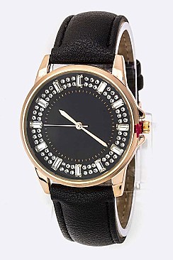 Trendy Baguette Crystal Bezel Leather Watch LA	05-2912