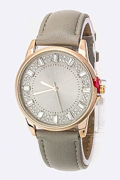 Trendy Baguette Crystal Bezel Leather Watch LA	05-2912