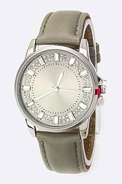 Trendy Baguette Crystal Bezel Leather Watch LA	05-2912