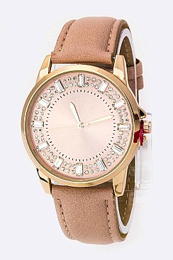 Trendy Baguette Crystal Bezel Leather Watch LA	05-2912
