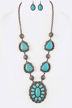 Stylish Turquoise Concho Pendant Necklace Set LASS0533