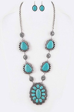 Stylish Turquoise Concho Pendant Necklace Set LASS0533