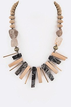 WOOD BEADS & STONE NECKLACE
