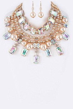 Posh Acrylic Crystal & Pearls Mix Statement Necklace Set LACN2083