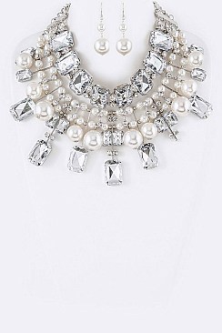 Posh Acrylic Crystal & Pearls Mix Statement Necklace Set LACN2083