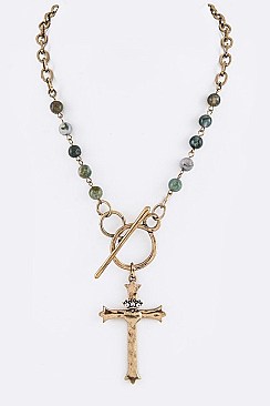 Stylish Stone Beads Cross Pendant Toggle Necklace LA12495