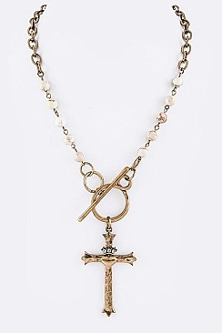 Stylish Stone Beads Cross Pendant Toggle Necklace LA12495