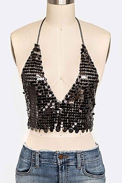 Fashionable Black Sequins Halter Top LACN1549