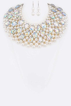 AB Lucite Pearl Bib Statement Necklace Set